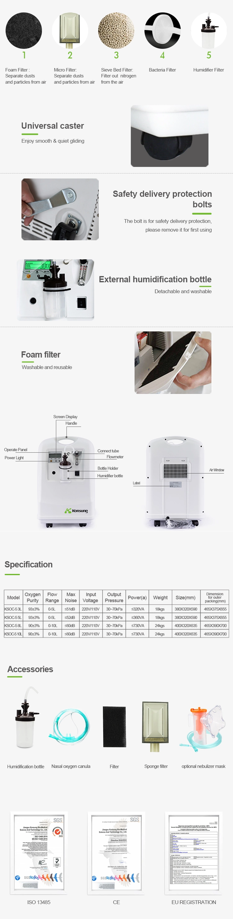 CE Approved Hfnc Ksoc-5 Safe Small Power 5L Portable Oxygen Concentrator with Three Level Filter for Health and Medical